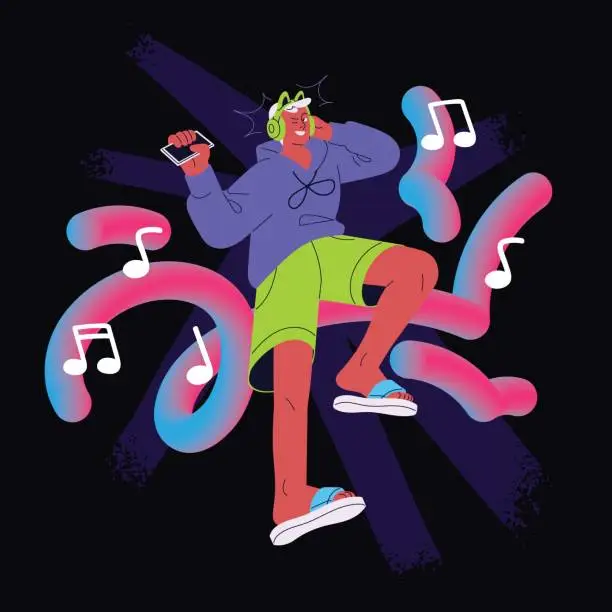 Vector illustration of Young man enjoys listening to energy music with cute headphones. Happy guy in earphones with smartphone. Character holds audio sound player, dances to pop songs. Flat isolated vector illustration