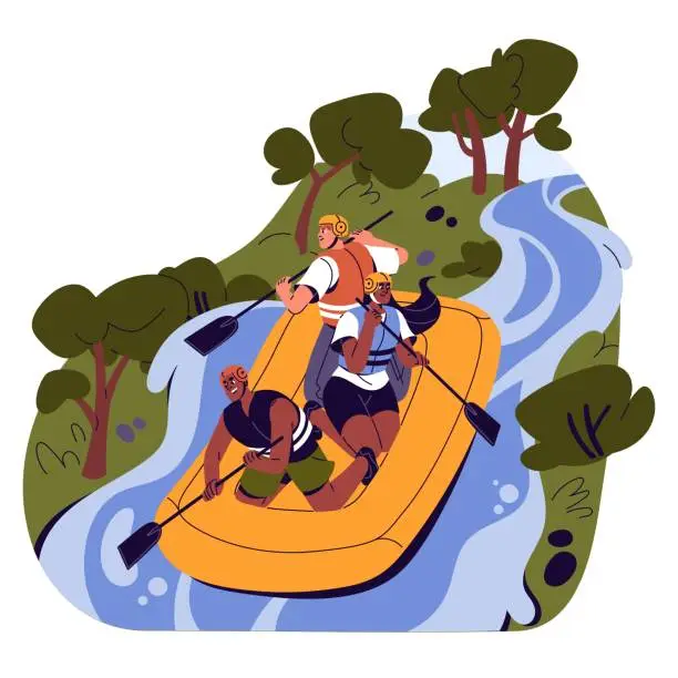 Vector illustration of Whitewater rafting as a team. People teamwork, floating by boat on fast mountain river. Group with paddles fun at water challenge. Extreme sport, activity. Flat isolated vector illustration on white