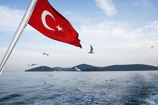 Boat trip on the Sea of ​​Marmara along the Princes' Islands near Istanbul. Turkish flag is blowing in the wind. Gulls fly behind the ferry.