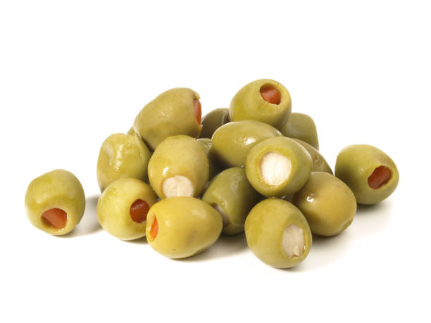 istock Green filled Olives on white Background 2060649370