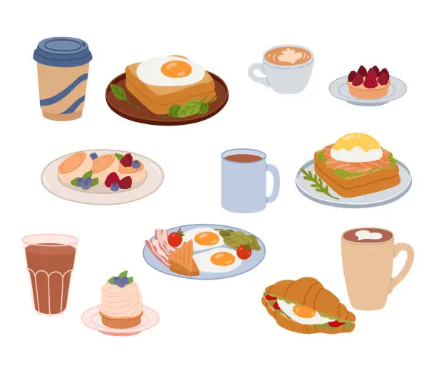 Vector illustration of Set of different dishes. Toast, croissant, fried eggs, cheesecakes , desserts. Coffee drinks in different mugs. Delicious meal served on plate. Food for breakfast or brunch. Flat vector illustration