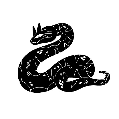 Horned viper silhouette. Monochrome venomous serpent with horns on head. Desert snake with patterned skin line art. Black poisonous reptile. Flat isolated vector illustration on white background.