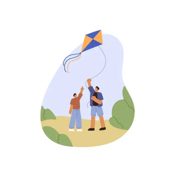 Vector illustration of Family flies kite, friends walks outdoor. Kid and father play together in park, son pointing finger at flying in air toy. People look up in sky. Flat isolated vector illustration on white background