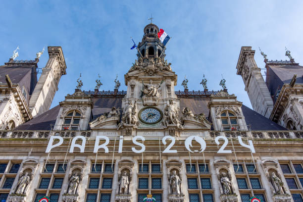 Detail of the facade of the town hall of Paris, France, decorated for the Olympic and Paralympic Games stock photo