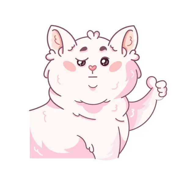 Vector illustration of A cute white fluffy cat shows a thumbs up gesture. Vector illustration