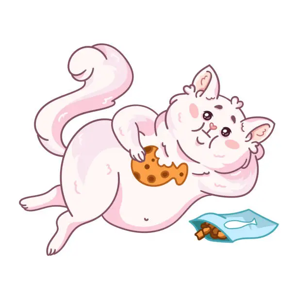 Vector illustration of A cute white fluffy cat lies on its side and eats fish crackers. Vector illustration