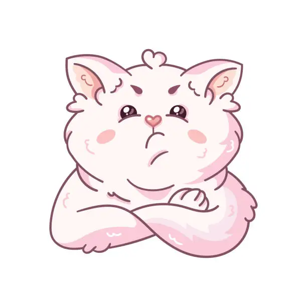 Vector illustration of A cute fluffy white cat looks displeased with his arms crossed over his chest. Vector illustration