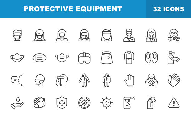 ilustraciones, imágenes clip art, dibujos animados e iconos de stock de íconos de la línea de equipos de protección. trazo editable. contiene iconos como traje de materiales peligrosos, mascarilla, lavado de manos, máscara de gas, máscara de cirujano, guantes, lavado de manos, limpieza, termómetro. - máscara protectora