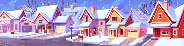 Vector illustration of Winter suburban landscape with house on street