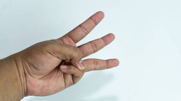 istock Hand with three fingers pose isolated on white background 2060689374