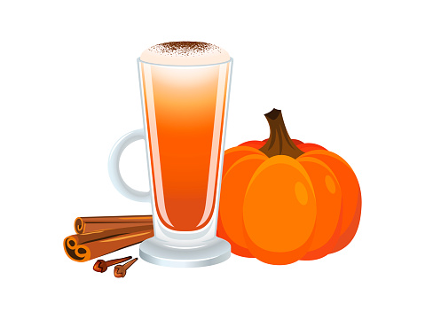 Pumpkin latte coffee with cinnamon icon vector isolated on a white background. Coffee in a tall glass with a handle graphic design element