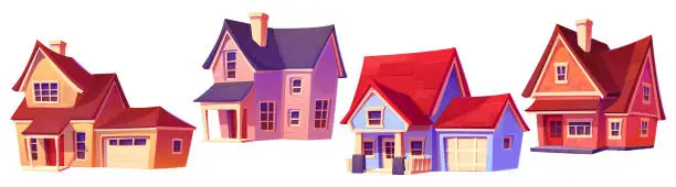 Vector illustration of Suburban and village private house cartoon set