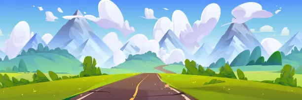 Vector illustration of Empty road among field and mountains