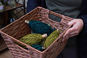 Coloured wool rope or twine in basket