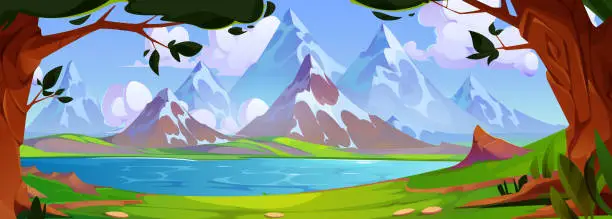 Vector illustration of Cartoon summer landscape with lake and mountains