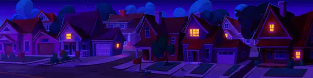 Vector illustration of Night dark suburban landscape with house on street