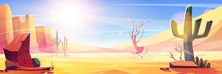 Arizona desert landscape with brown rock, sand dune hills, green cactus and grass, dry tree on bright sun light day. Cartoon vector illustration of drought sandy scenery with wild cacti and grass.