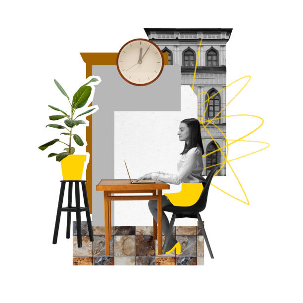 istock Modern aesthetic artwork. Young woman, assistant sitting at desk working using laptop in office with clocks and plants. 2060700025