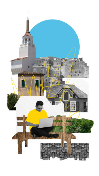istock Modern aesthetic artwork. Young man, student sitting on bench and using laptop surrounded architecture buildings, castles. 2060700026