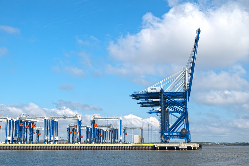 Charleston, SC, USA - March 04, 2024: Ship-to-shore cranes and gantry cranes of Hugh K. Leatherman Terminal, which opened in 2021 on the Cooper River in Charleston Harbor.