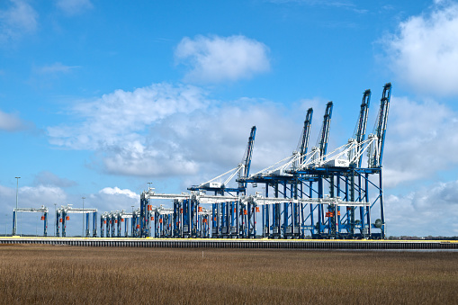 Charleston, SC, USA - March 04, 2024: Hugh K. Leatherman Terminal, with an initial capacity of 700,000 TEUs in the 134-acre Phase 1 development, is located on the Cooper River in Charleston Harbor.
