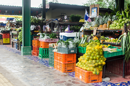 Fruits are displayed at a fruit juice stand at Carmel Market in Tel Aviv, Israel.