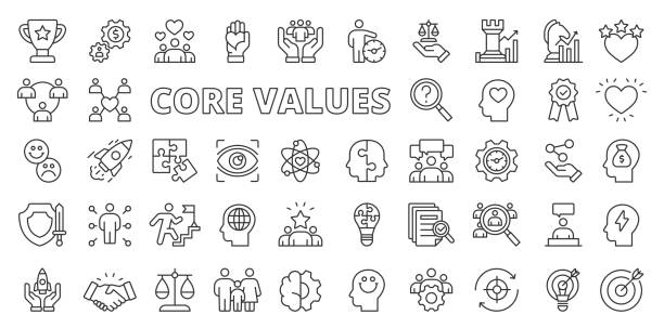 kernwerte-icons im liniendesign. wachstum, geschäft, symbole, infografik, fokus, kreativität, ausrüstung, kern, optimismus, ziel isoliert auf weißem hintergrundvektor. kernwerte: bearbeitbare strichsymbole. - neugier stock-grafiken, -clipart, -cartoons und -symbole