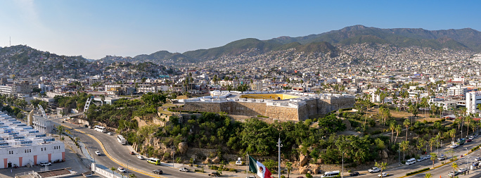 Acapulco, Mexico - 17 January 2024: Panoramic view of the historic Spanish fortress Fort of San Diego in Acapulco. It was formerly known as the Fort of San Carlos.