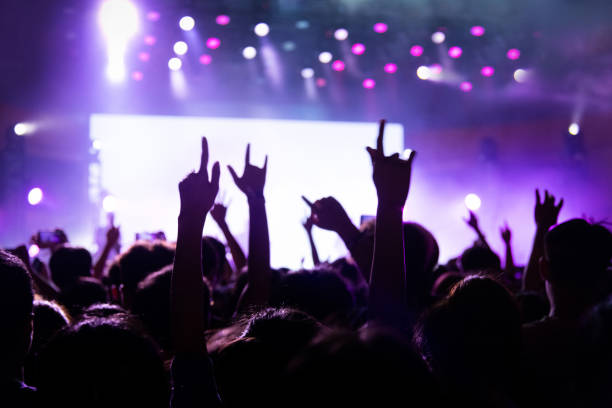 Hands making rock sign at music festival