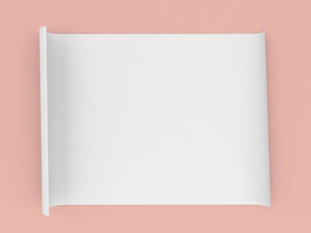 Rolled up roll of white paper A4 size on a orange background. 3d render illustration.