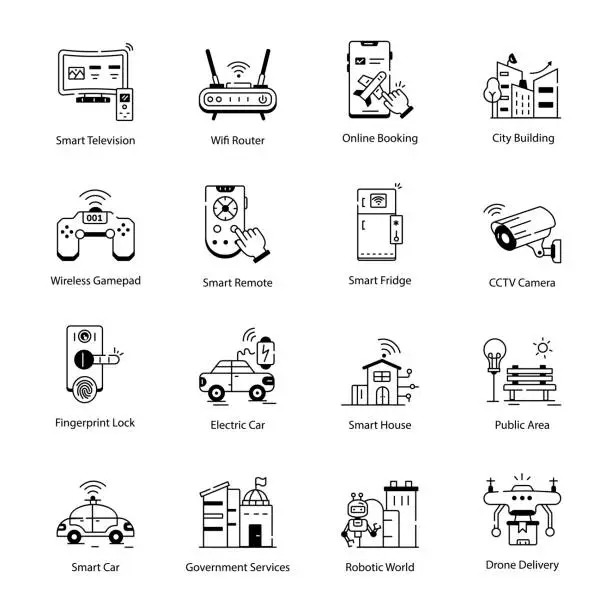 Vector illustration of Collection of IoT City Linear Icons
