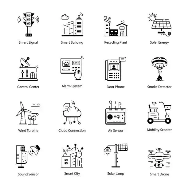 Vector illustration of Set of 16 Smart City Linear Icons