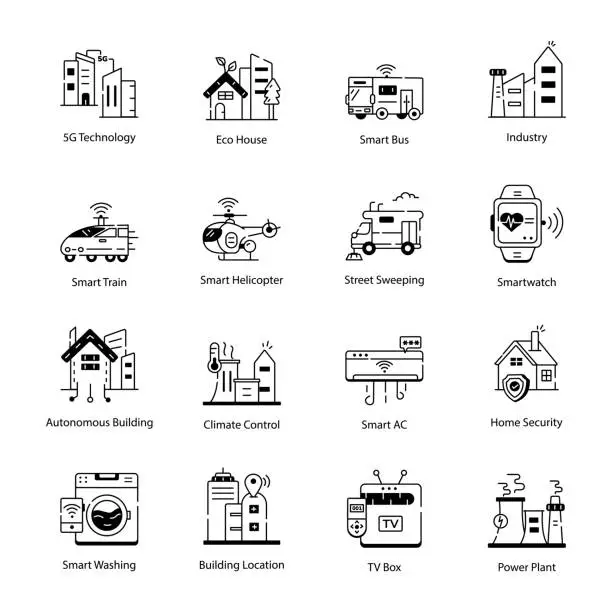 Vector illustration of Set of Linear Icons Depicting IoT Solutions