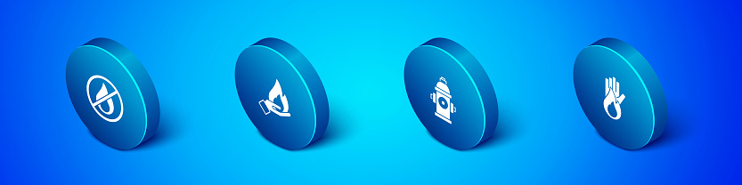 Set Isometric No fire, Fire hydrant, and Hand holding icon. Vector.