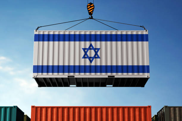 istock Israel trade cargo container hanging against clouds background 2060747231