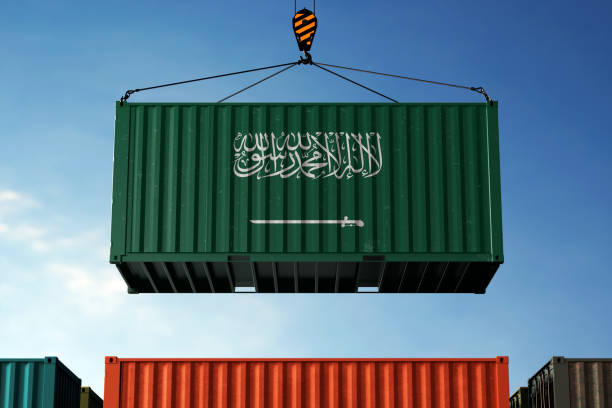 istock Saudi Arabia trade cargo container hanging against clouds background 2060747254