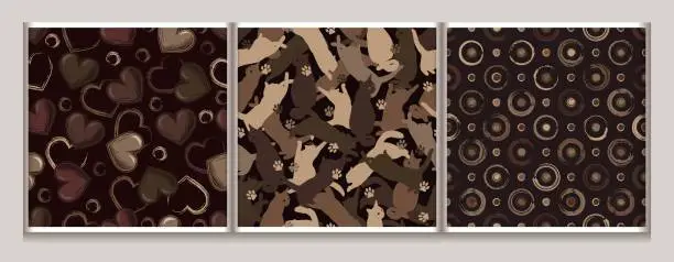 Vector illustration of Brown camo patterns with silhouettes of cats, hearts, grunge polka dot ornament. Dense composition with overlapping elements. For apparel, fabric, textile, sport goods design