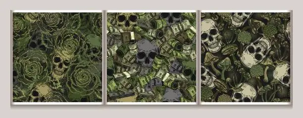 Vector illustration of Green khaki grunge camo patterns with human skulls