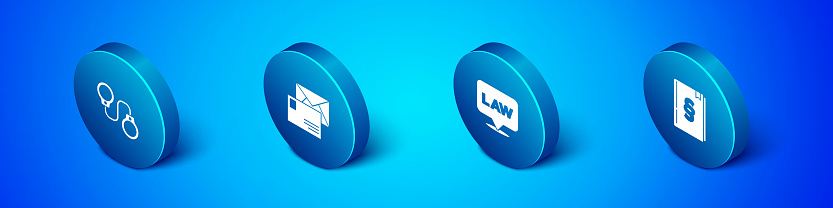 Set Isometric Handcuffs, Location law, Law book and Envelope icon. Vector.