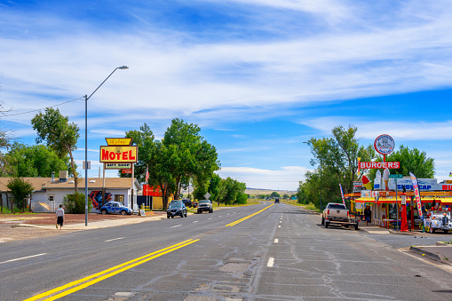 Seligman, Arizona, United States - September 22, 2023: Street view of Seligman with parked cars and gift shop alongside