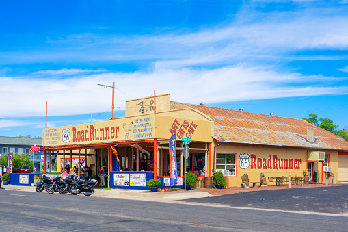 Seligman, Arizona, United States - September 22, 2023: oadRunner Cafe and Gift Shop with motorbikes parked in front