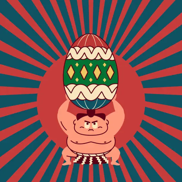 Vector illustration of Sumo wrestler crouching, arms raised, lifting a big Easter Egg