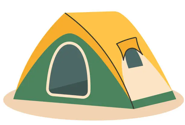 Vector illustration of Tents for camping, hiking, hand-painted. The tent is yellow, green, with a window. Illustration on a transparent background. Canvas for hiking, hunting, fishing, ecotourism.