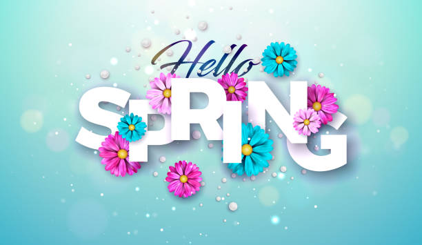 hello spring nature theme illustration dengan bunga berwarna-warni dan tipografi huruf pada latar belakang biru. template desain bunga dengan tipografi surat untuk banner, flyer, undangan, poster atau kartu ucapan. - musim semi ilustrasi stok