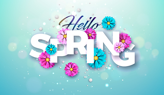 Hello Spring Nature Theme Illustration with Colorful Flower and Typography Lettering on Blue Background. Floral Design Template with Typography Letter for Banner, Flyer, Invitation, Poster or Greeting Card