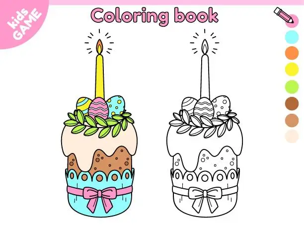 Vector illustration of Page of kids coloring book with Easter cake