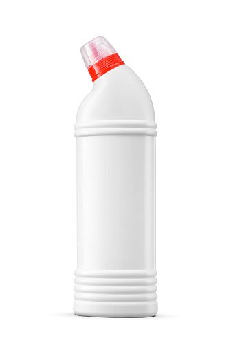 Toilet bowl cleaner bottle with red cap isolated on white background.
