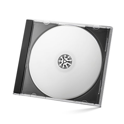 Closed compact black plastic disc box case CD jewel with blank disk isolated on white background