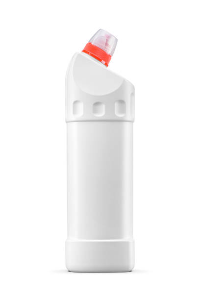 Toilet bowl cleaner detergent bottle with red cap isolated on white background.
