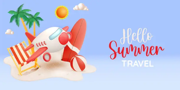 Vector illustration of Vacation Vibes: 'Hello Summer' Travel Background with Beach and Airplane